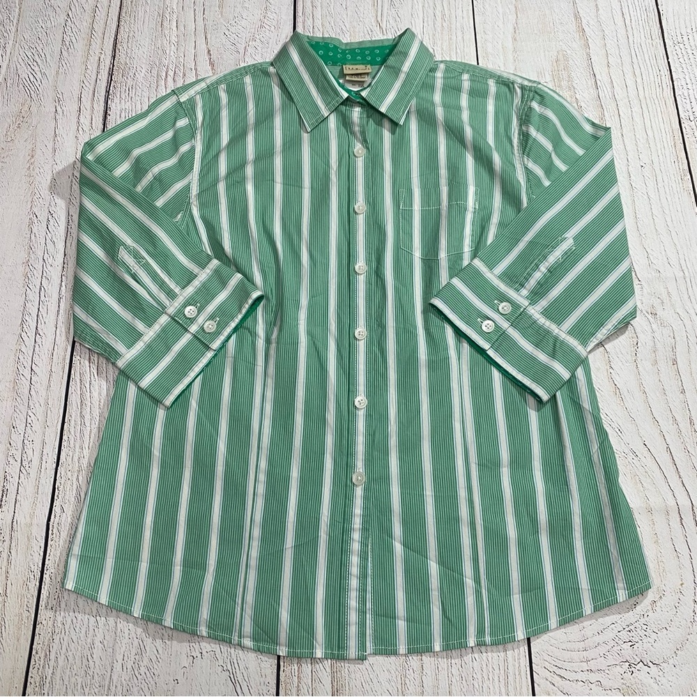 L.L. Bean Green and White Stripe Button-Down Shirt XL